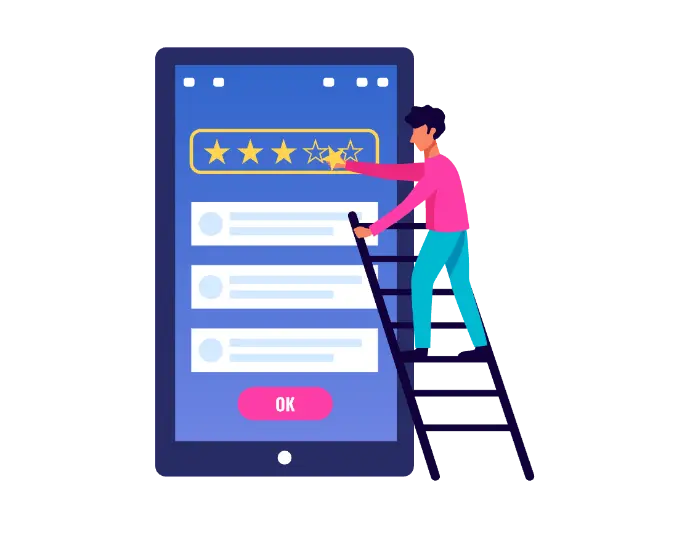 personnage qui monte sur un smartphoine à l&#39;aide d&#39;une échelle pour optimiser le référencement