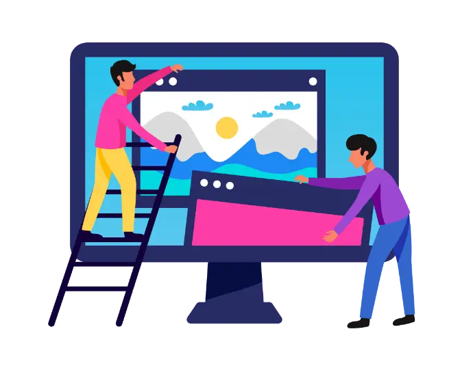 Deux personnages mette en place un site internet. 